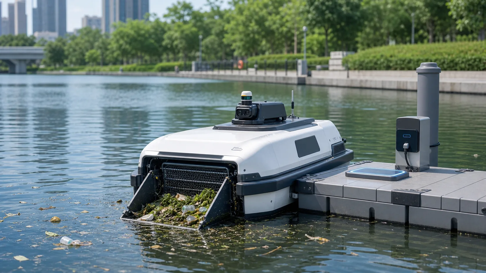 Autonomous cleaning boat wireless charging system with compact dock station