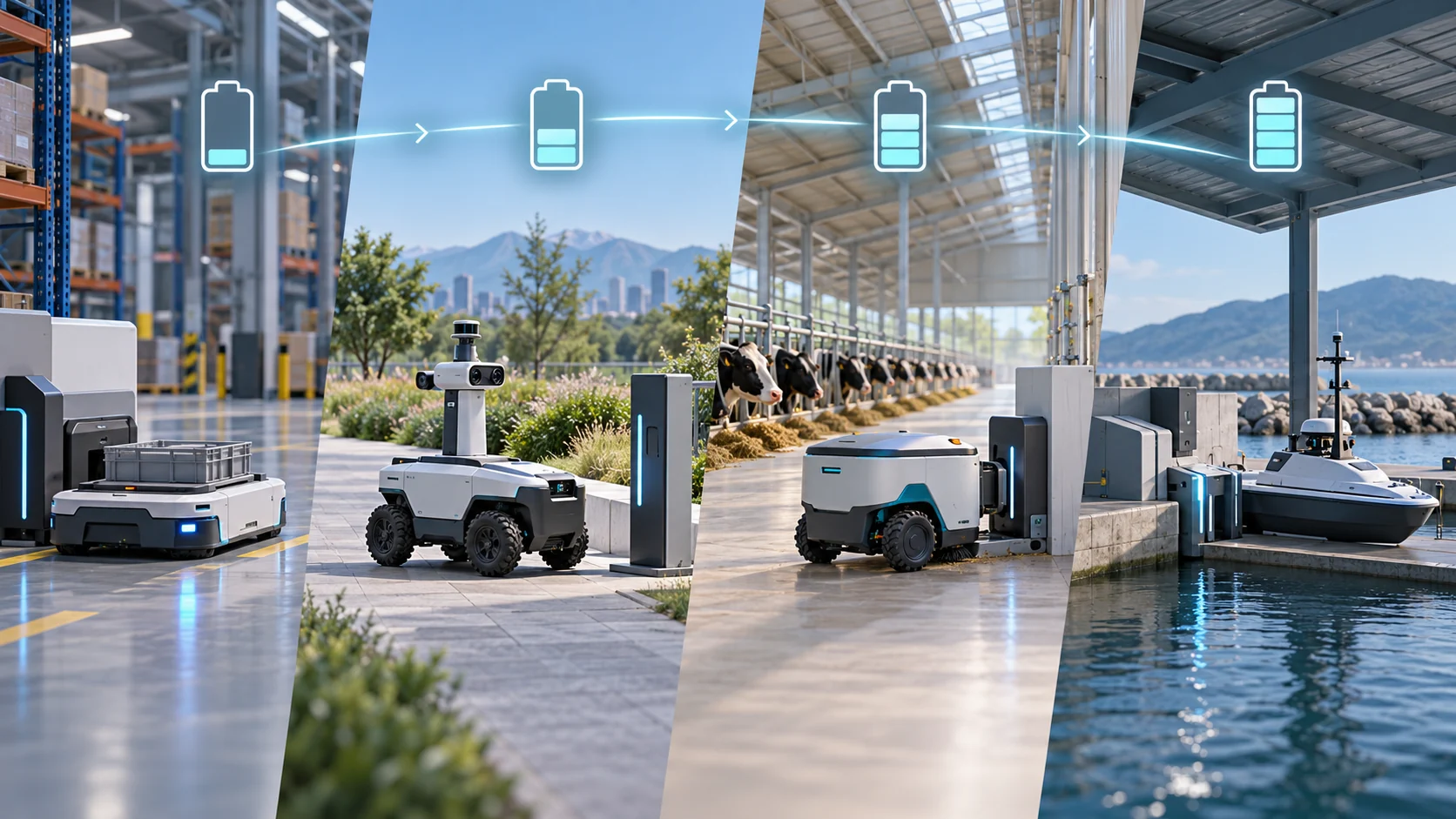 Concept illustration of mobile robot charging settings: factory AGV, outdoor inspection robot, livestock robot and shore-berthed USV