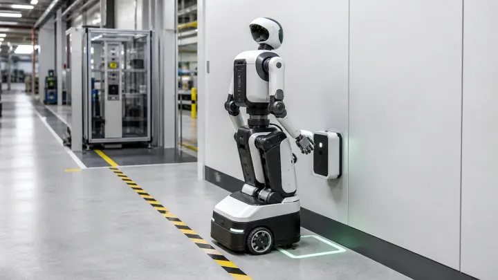 Wheeled humanoid robot automatic charging workflow at an autonomous docking station