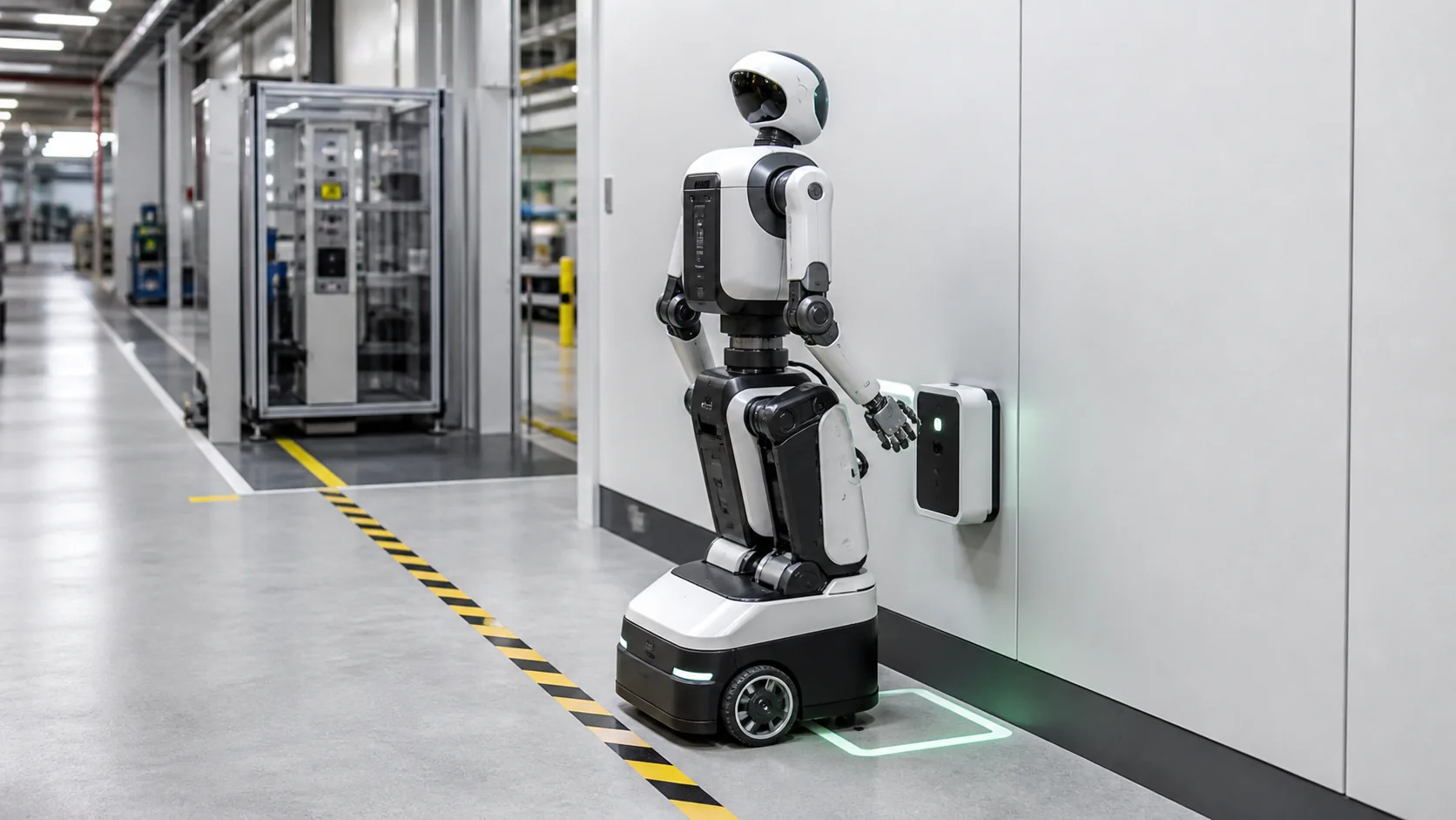 Wheeled humanoid robot automatic charging workflow at an autonomous docking station