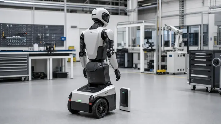 Wheeled humanoid robot wireless charging system with compact charging pad
