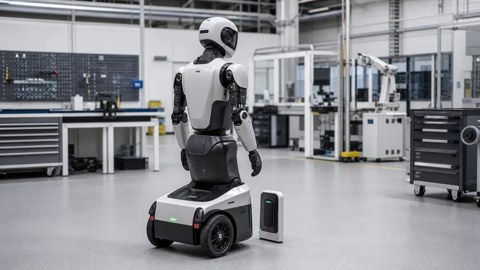 Wheeled humanoid robot wireless charging system with compact charging pad