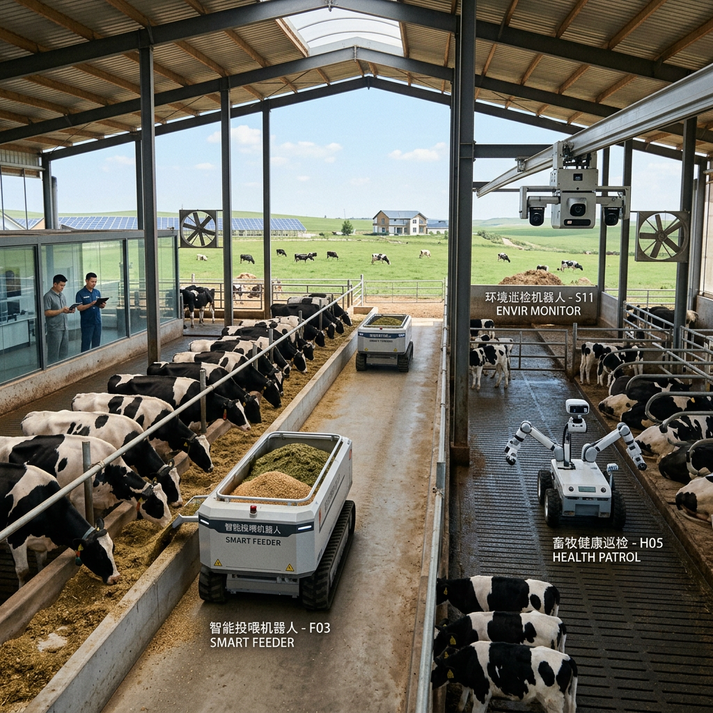 Robots labeled Smart Feeder, Envir Monitor, and Health Patrol operating among dairy cows in a barn.