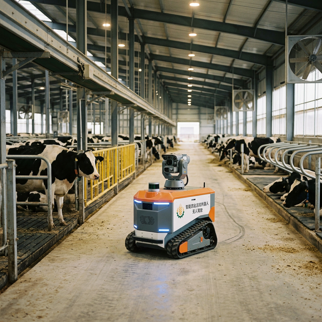 Autonomous robotic monitoring device moving through a dairy barn with cows on both sides.