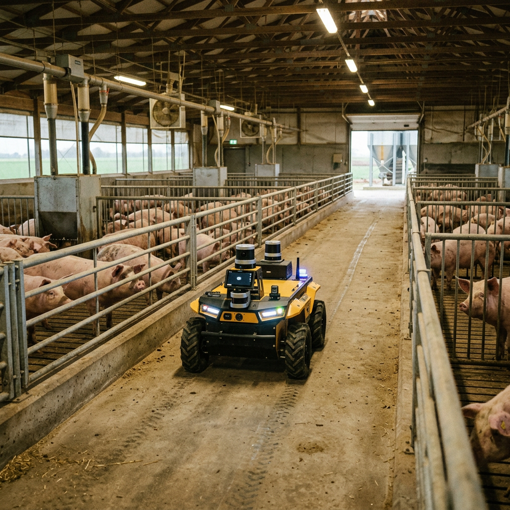Pig barn patrol robot driving aisle