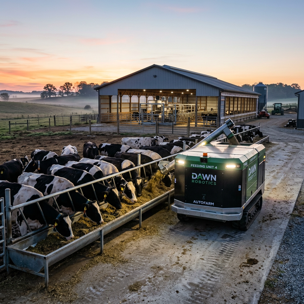 Robotic feeding unit dispensing feed to a line of dairy cows at a farm