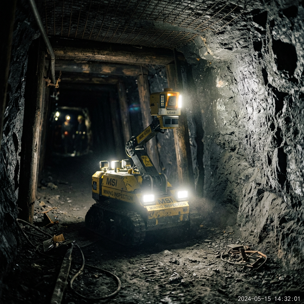 Yellow robotic mining inspection vehicle with lights in underground tunnel